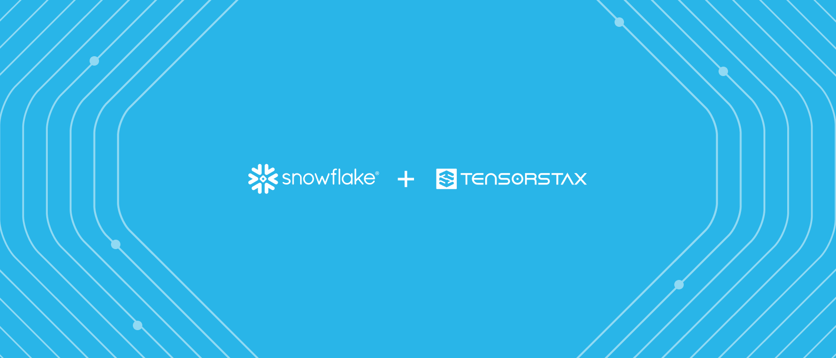 Snowflake and TensorStax logos together on a blue background with concentric white lines