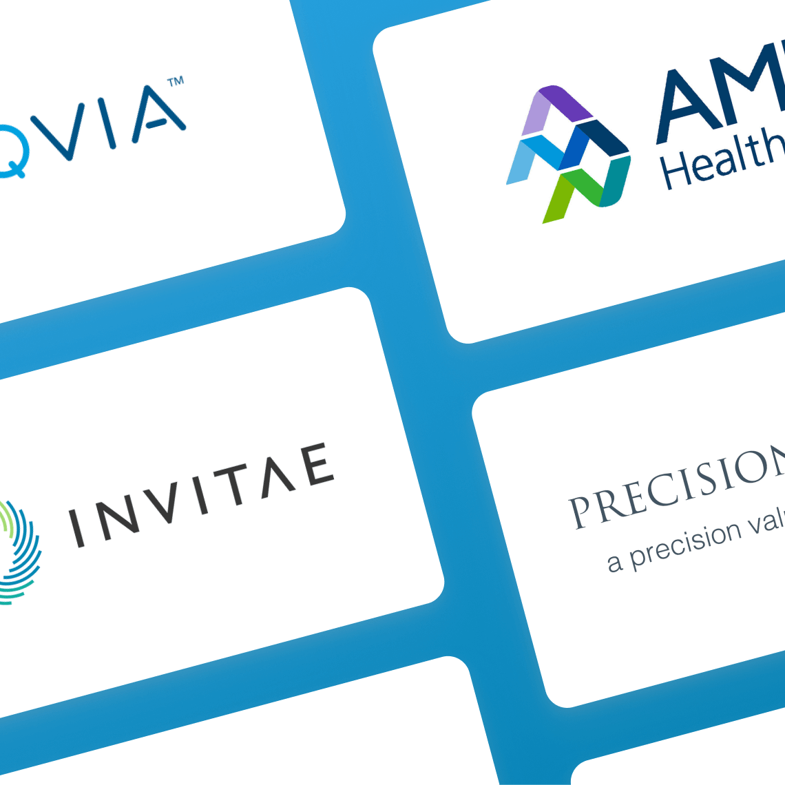 Snowflake customer logos on white cards sitting at a diagonal with blue background