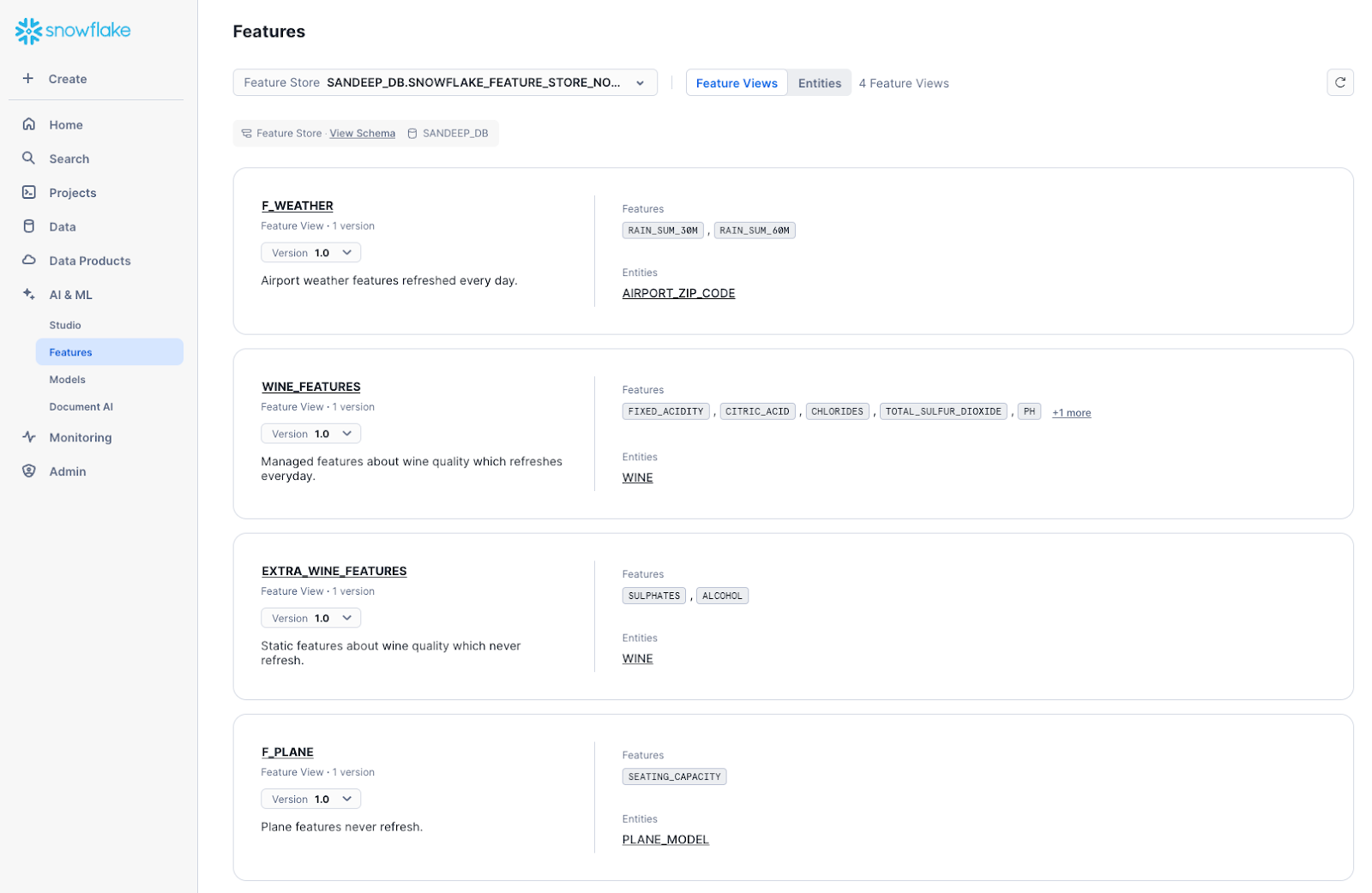 Screenshot of Feature Store available within the Snowsight UI.