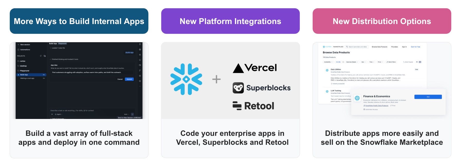 Snowflake now offers more ways to build internal apps, new platform integrations and new distribution options.