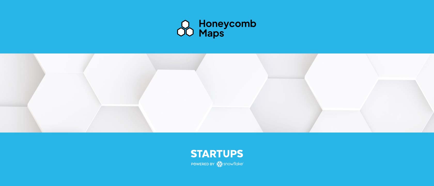 Digital illustration of hexagon patterns with Honeycomb Maps logo and Snowflake Startup logo on blue backgrounds.