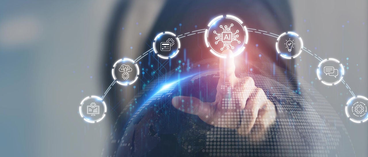 Man touching a futuristic, floating UI