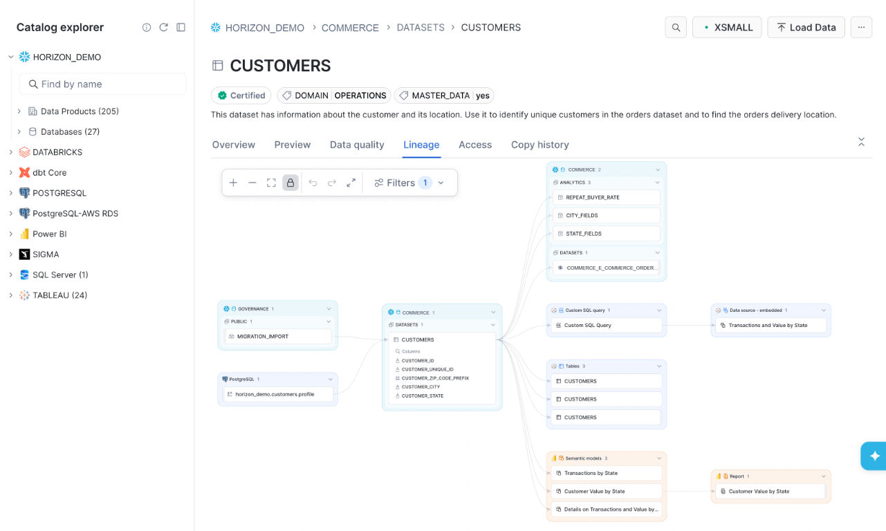 Data lineage diagram showing relationships between CUSTOMERS dataset, source databases, tables, and downstream analytics reports