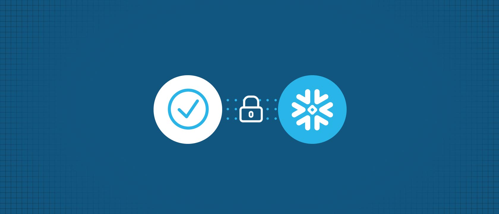 Digital illustration with security lock between a validating check mark and the Snowflake logo