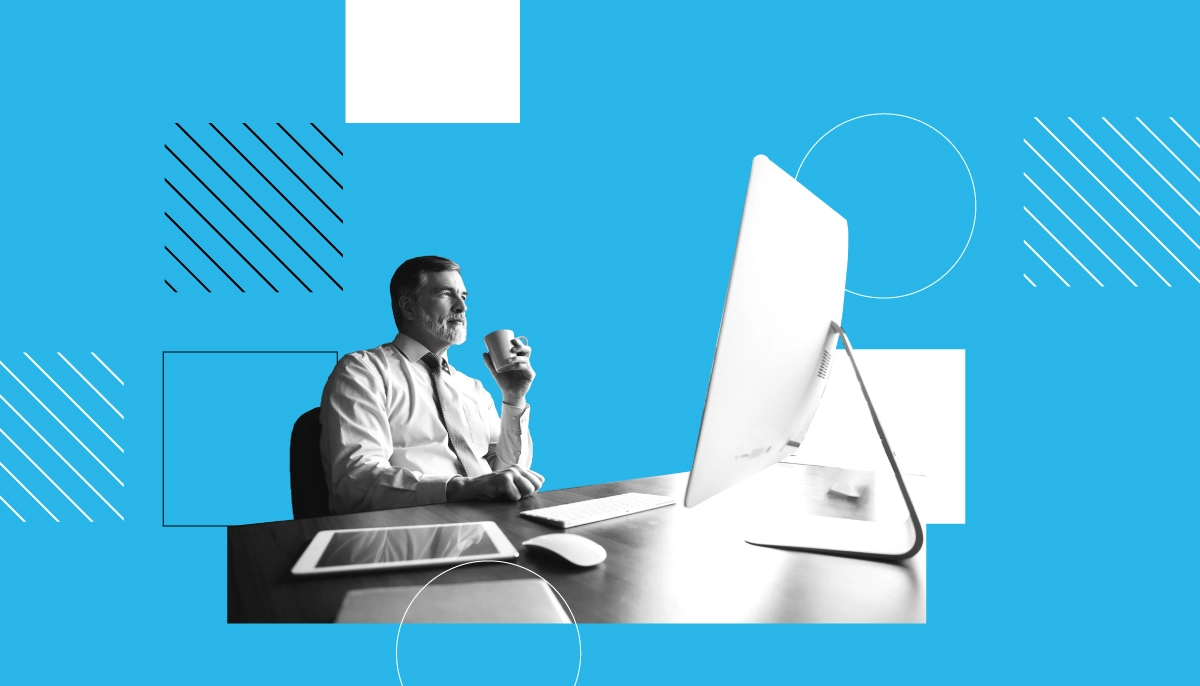 Composite illustration of a leadership executive working at a computer