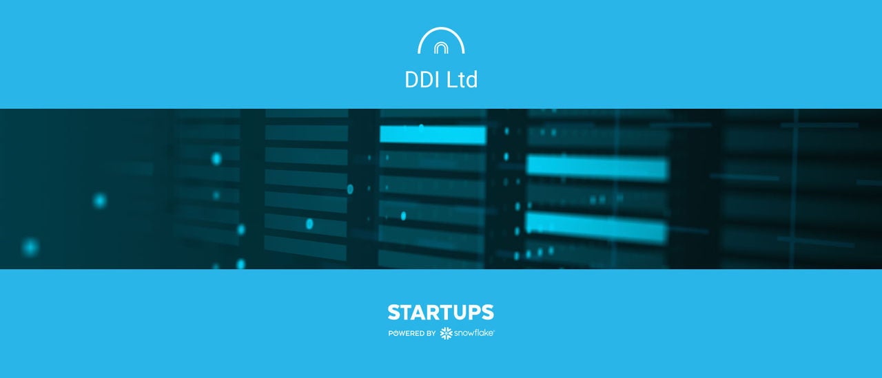 Snowflake Startups icon and DDI logo on blue background with image of lit bars between them
