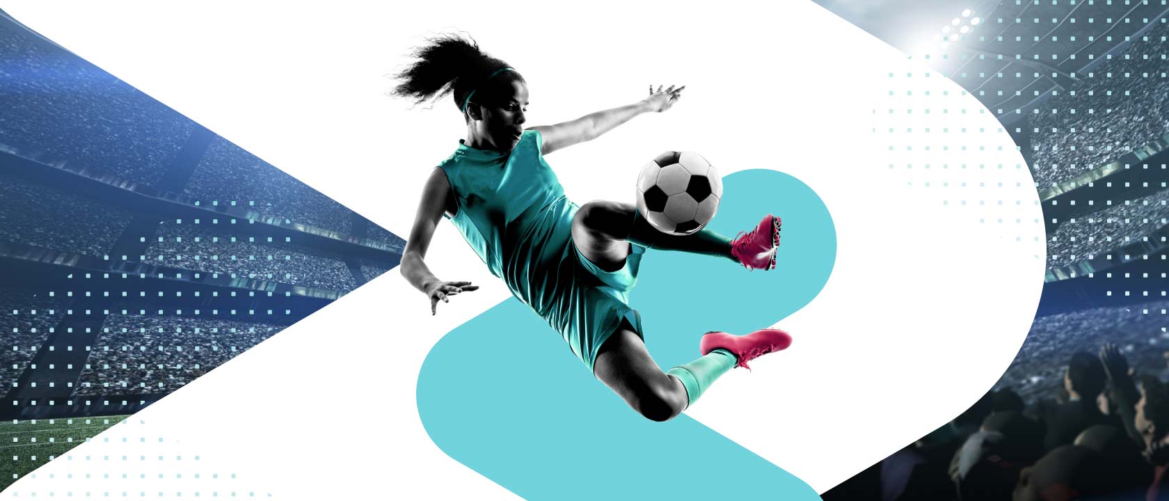 Photo illustration of a woman soccer layer jumping to kick the ball on a background of Snowflake arrow icons and a stadium scene.
