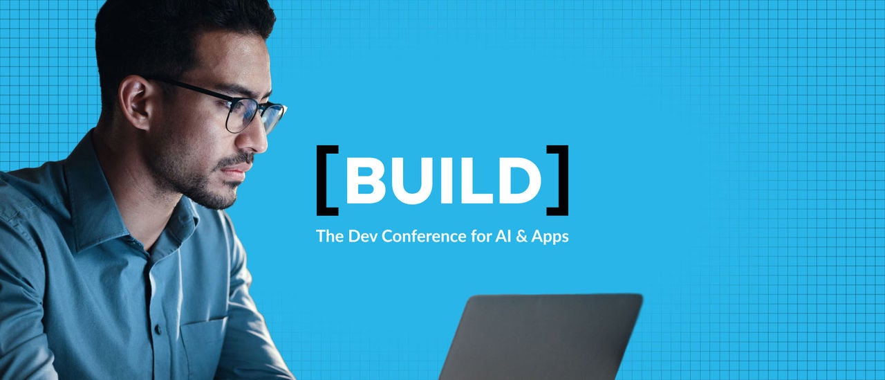 Photo of a young man in glasses using a laptop over a blue background with the Build 2024 logo