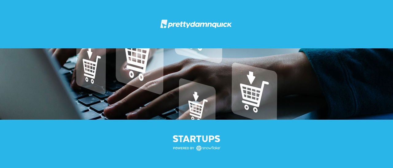 Digital illustration of shopping cart icons overlaying a photo of hands typing on a laptop.