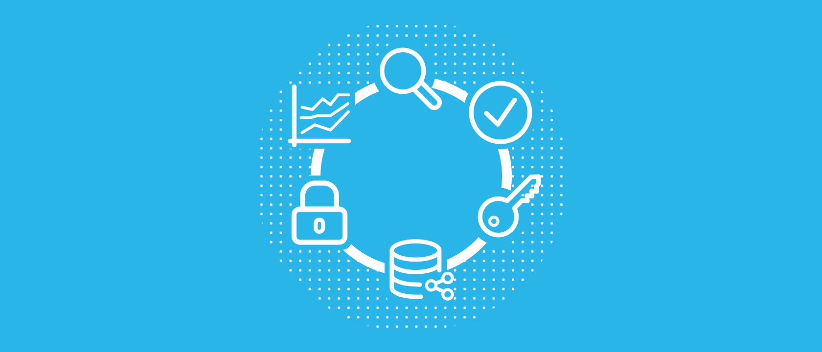Digital illustration of a ring of icons representing elements of data mesh, including security, privacy, discoverability and more.