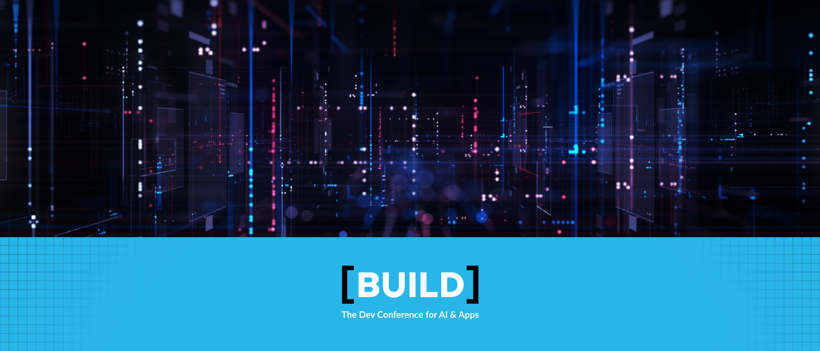 BUILD logo with image of vertical aligned light pinpoints in shades of blue, purple, magenta