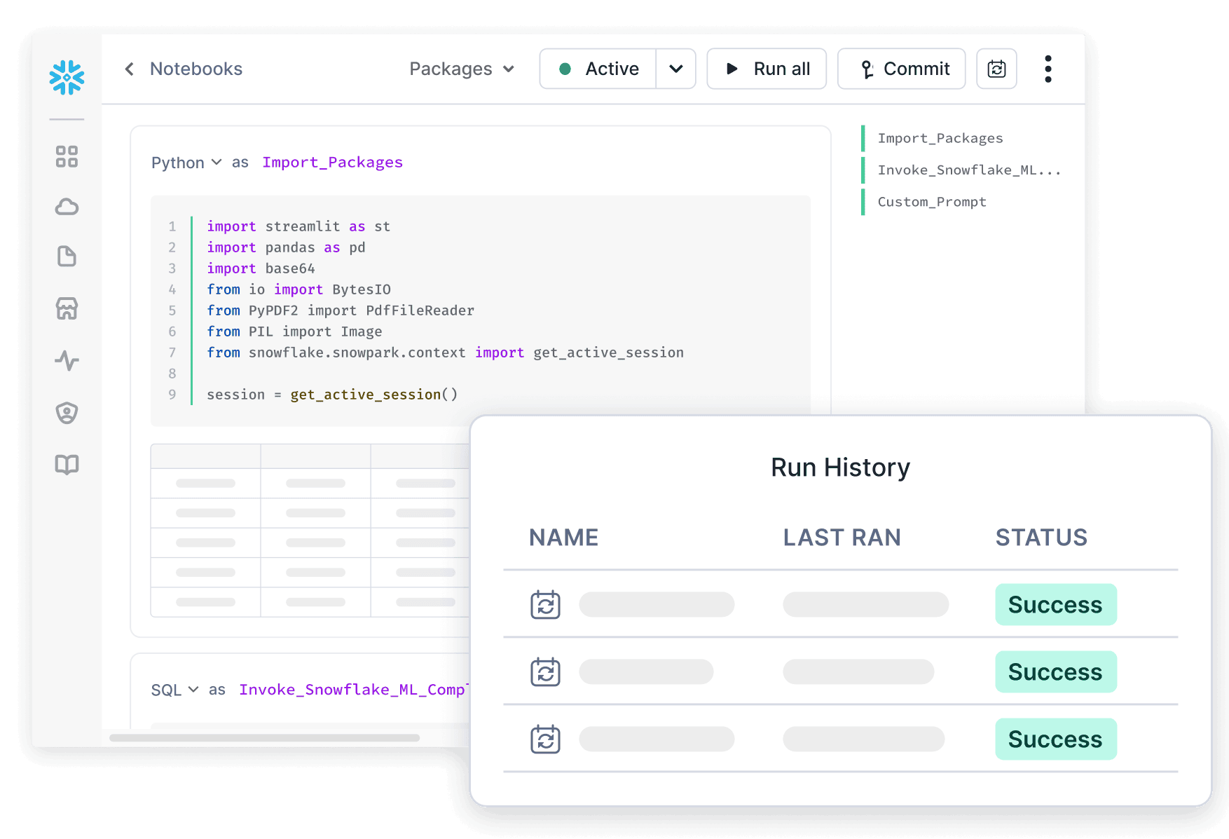 Snowflake Notebook with run history