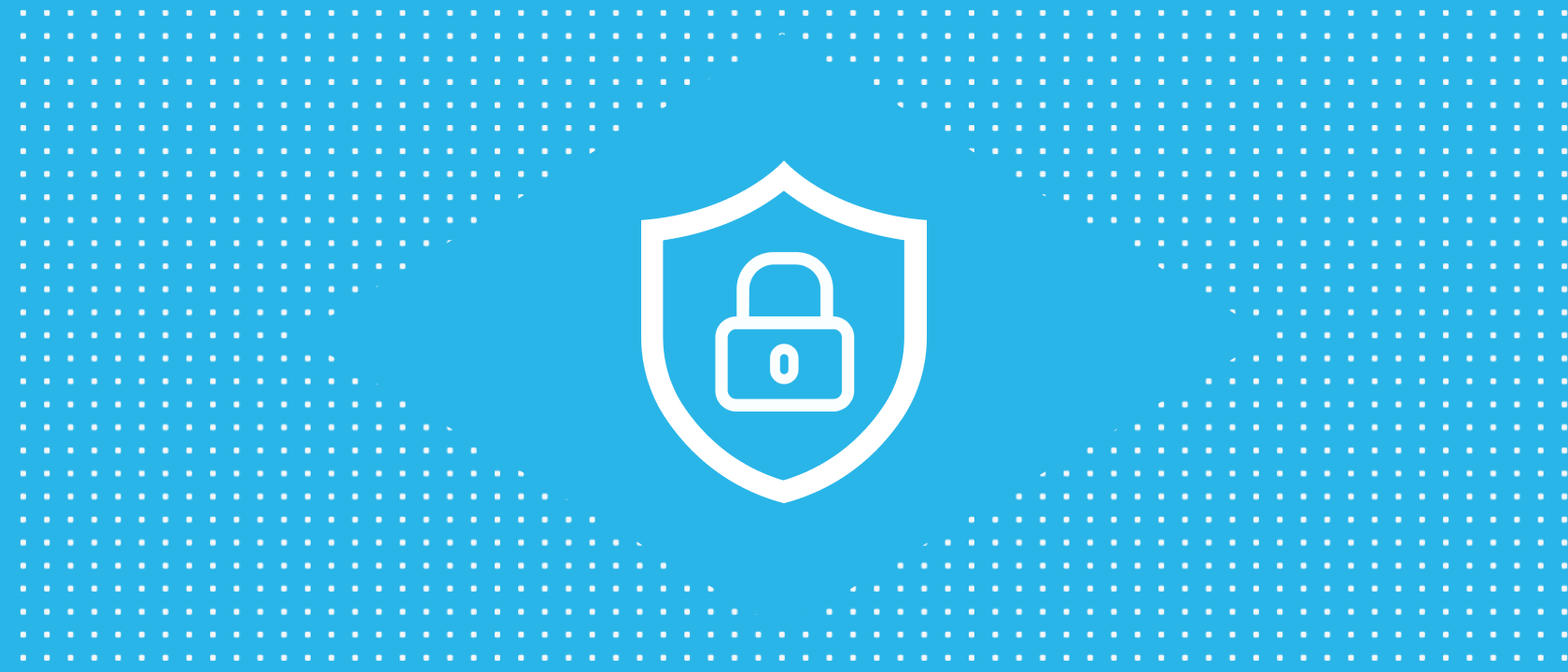 Lock and shield icon on blue background with white dots