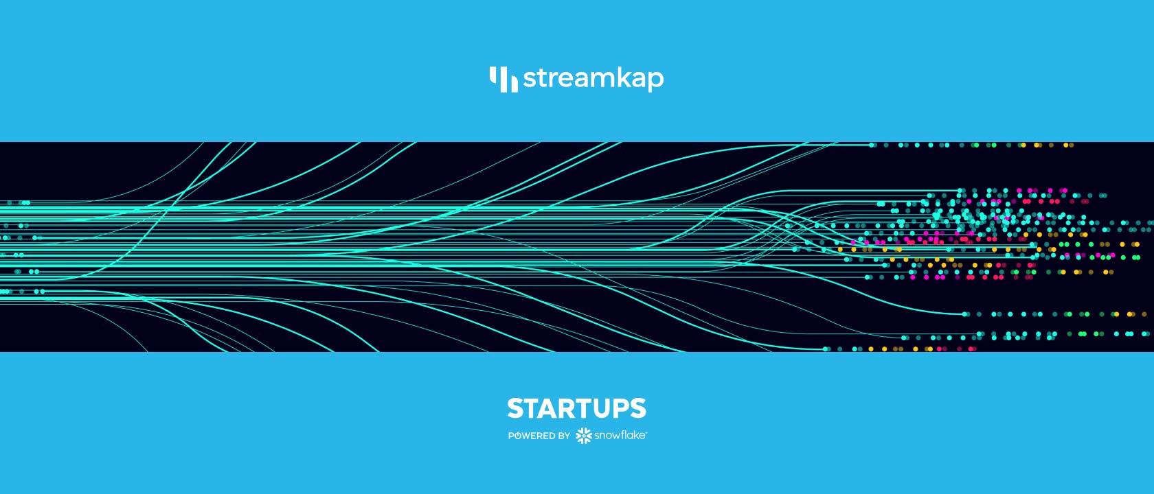 Streamkap logo and Snowflake Startups logos with image of horizontal moving lines