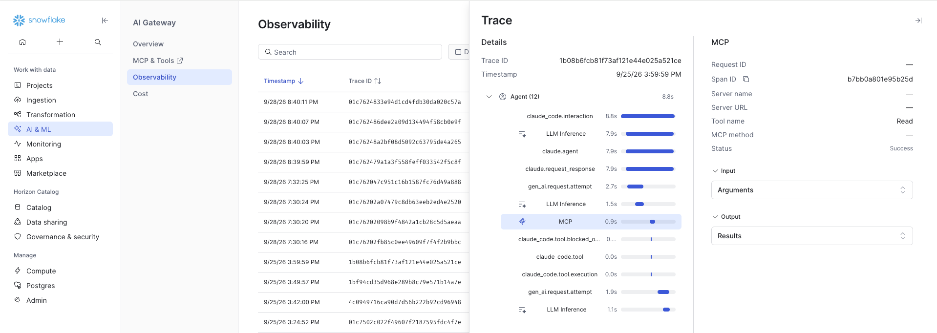 A Claude Code turn in the AI Gateway Observability page in Snowsight, showing claude_code client spans and gateway LLM Inference spans in one span tree, with the details of a Read tool call on the right