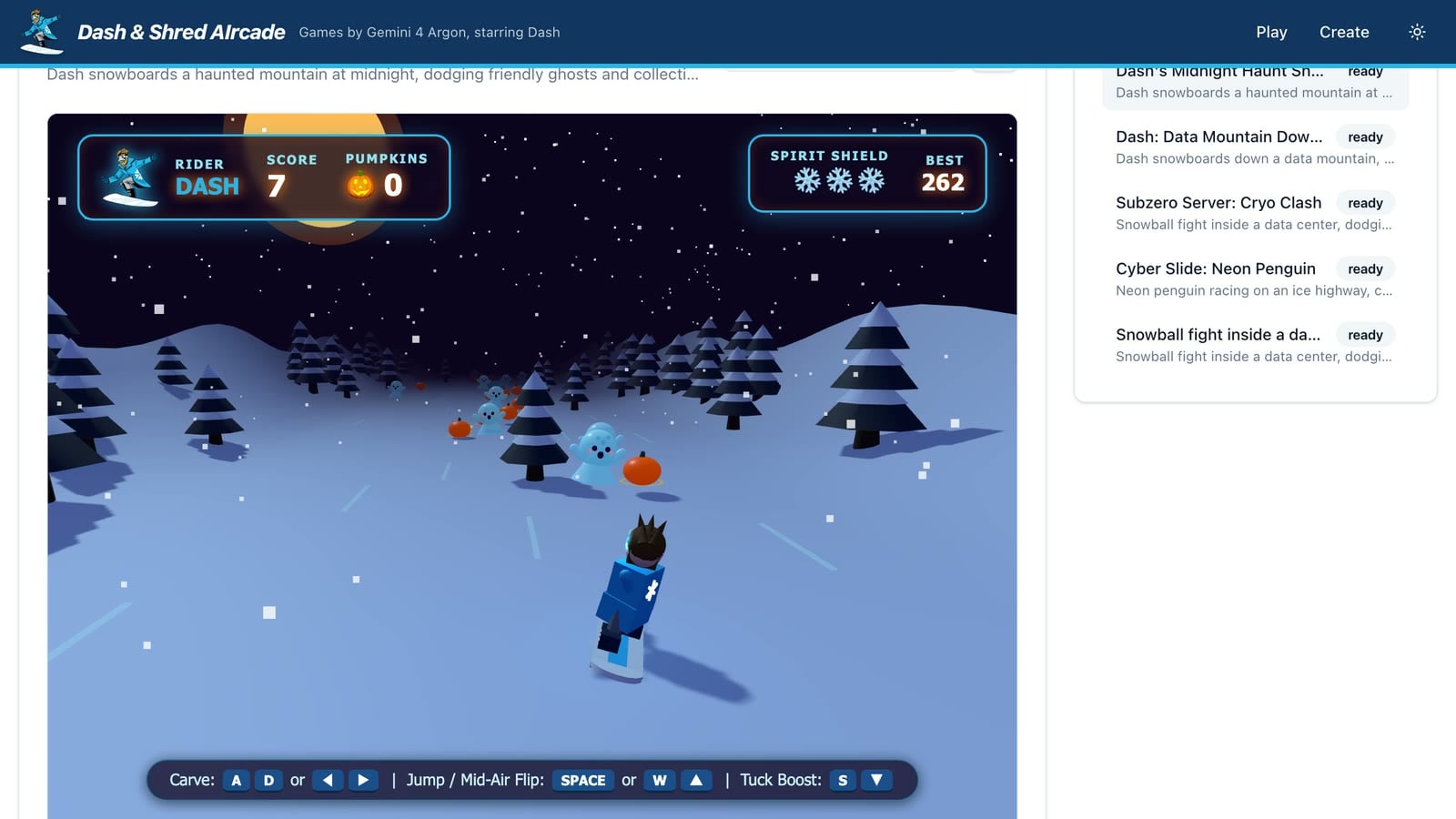 Dash's Midnight Haunt Shred, an AI-generated game running in a sandboxed iframe