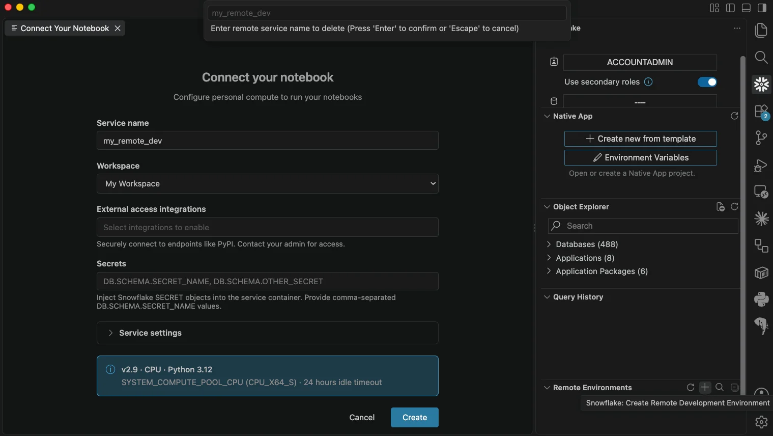 Create Remote Development Environment dialog in the Snowflake VS Code extension