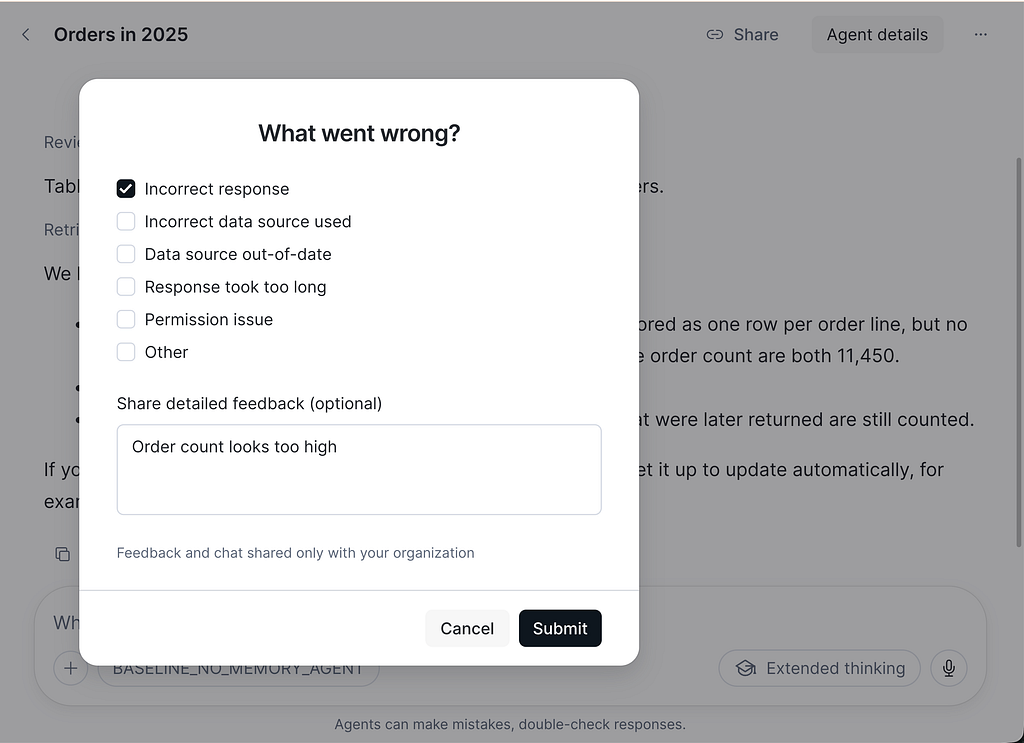Feedback dialog capturing a thumbs-down and the comment 'Order count looks too high.'