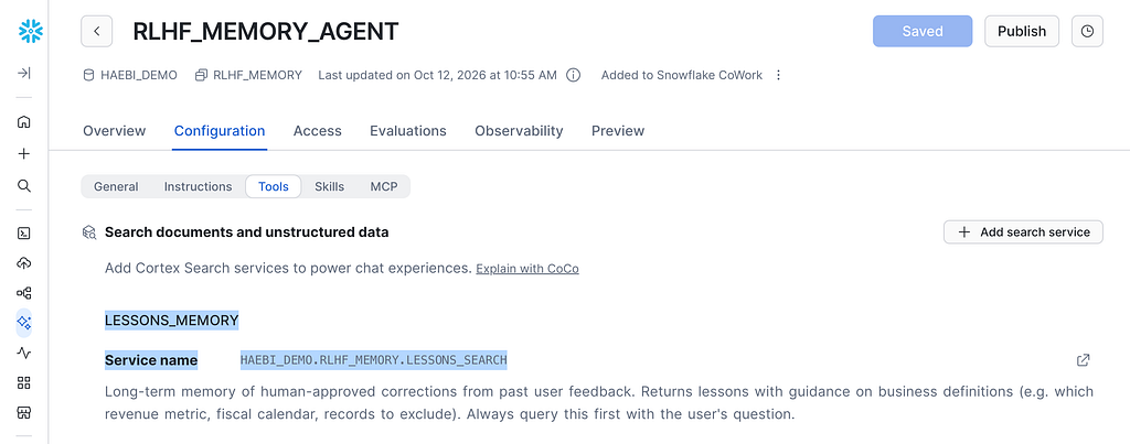 RLHF_MEMORY_AGENT configured with a LESSONS_MEMORY Cortex Search tool.