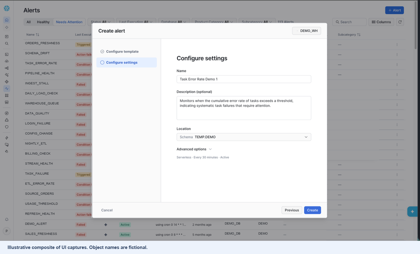 Illustrative composite of the Configure settings step over the updated Alerts page, including All, Healthy and Needs Attention controls
