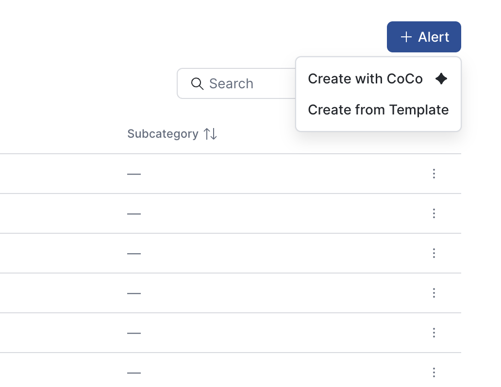 The + Alert menu on the Alerts page, with Create with CoCo and Create from Template options