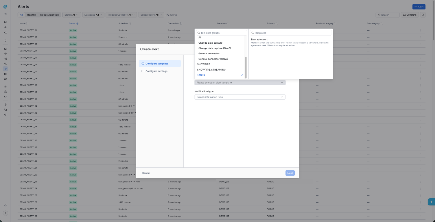 The Create alert wizard, Configure template step: the TASKS template group selected, with the Error rate alert template listed