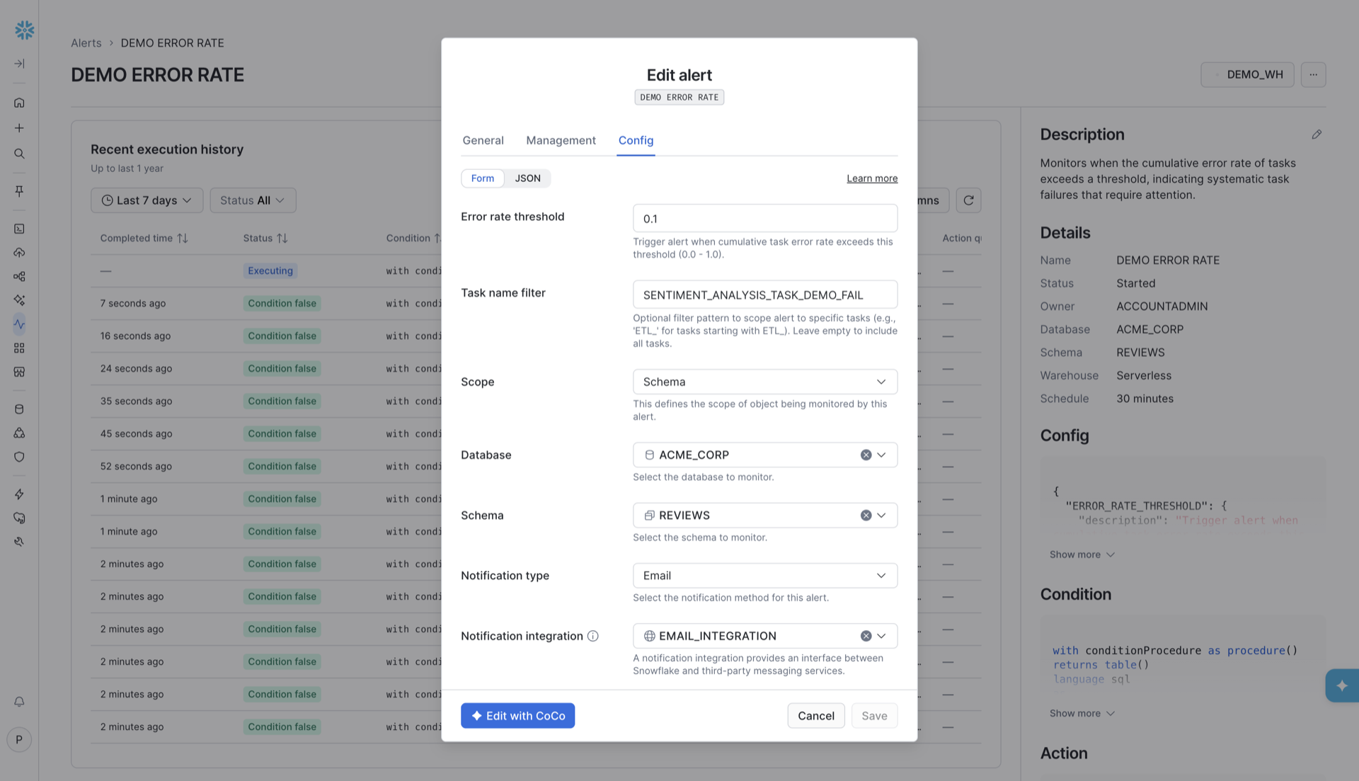 The Edit alert dialog in Snowsight (alert page » … » Edit » Config): error rate threshold, task name filter, scope, notification type and notification integration