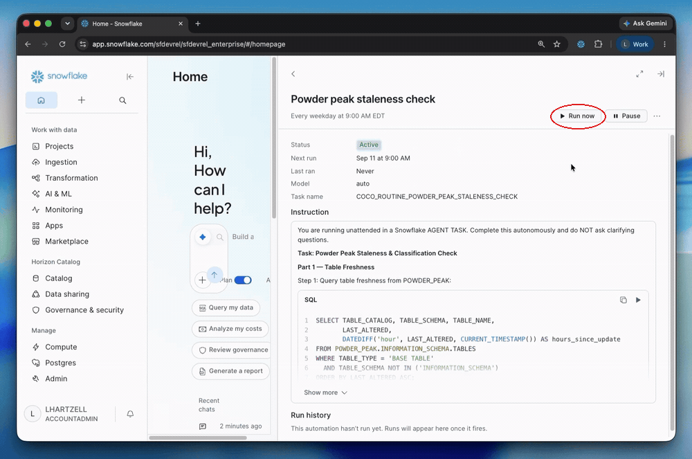 The saved automation detail page with Run now circled.