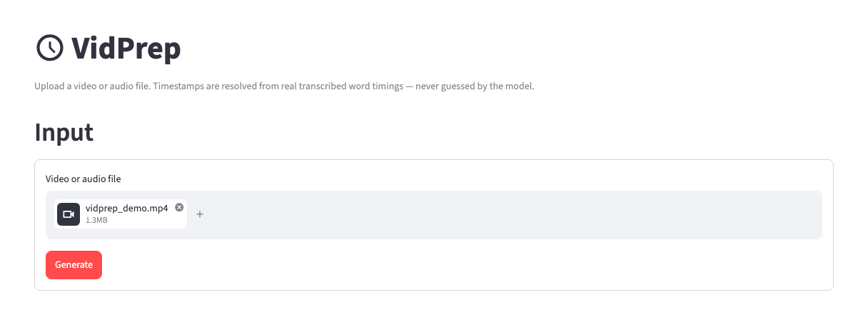 VidPrep Input section: upload a video or audio file, then click Generate to run AI_TRANSCRIBE and AI_COMPLETE