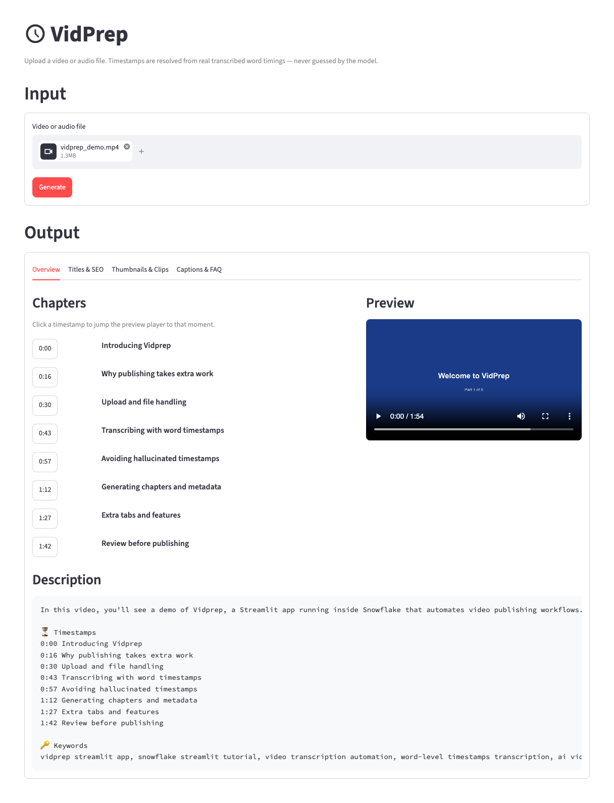 VidPrep Overview tab: chapters resolved from real transcribed word timings, a video preview, and a generated description