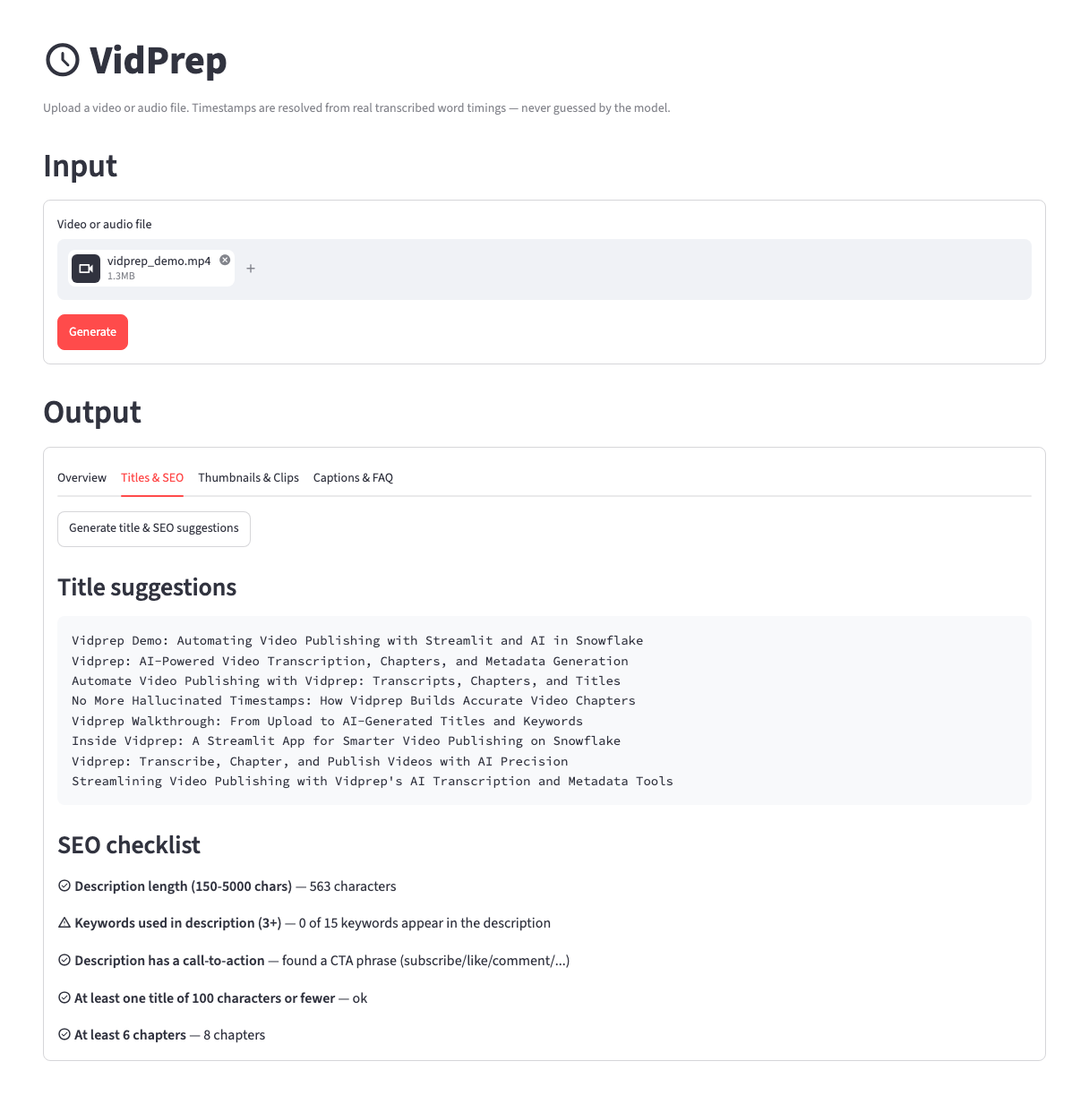 VidPrep Titles & SEO tab: title suggestions and a SEO checklist