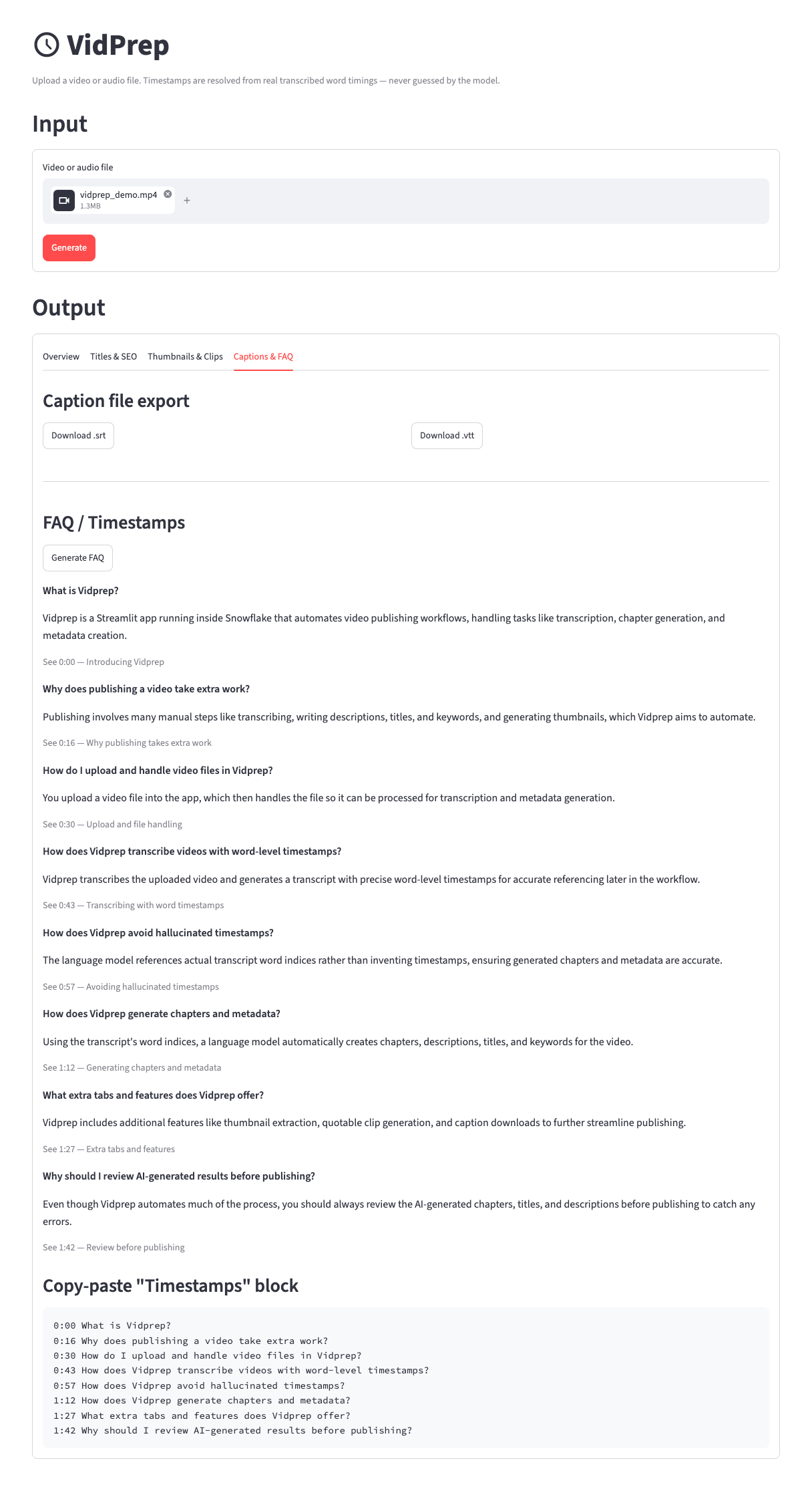 VidPrep Captions & FAQ tab: downloadable caption files and a generated, timestamp-linked FAQ