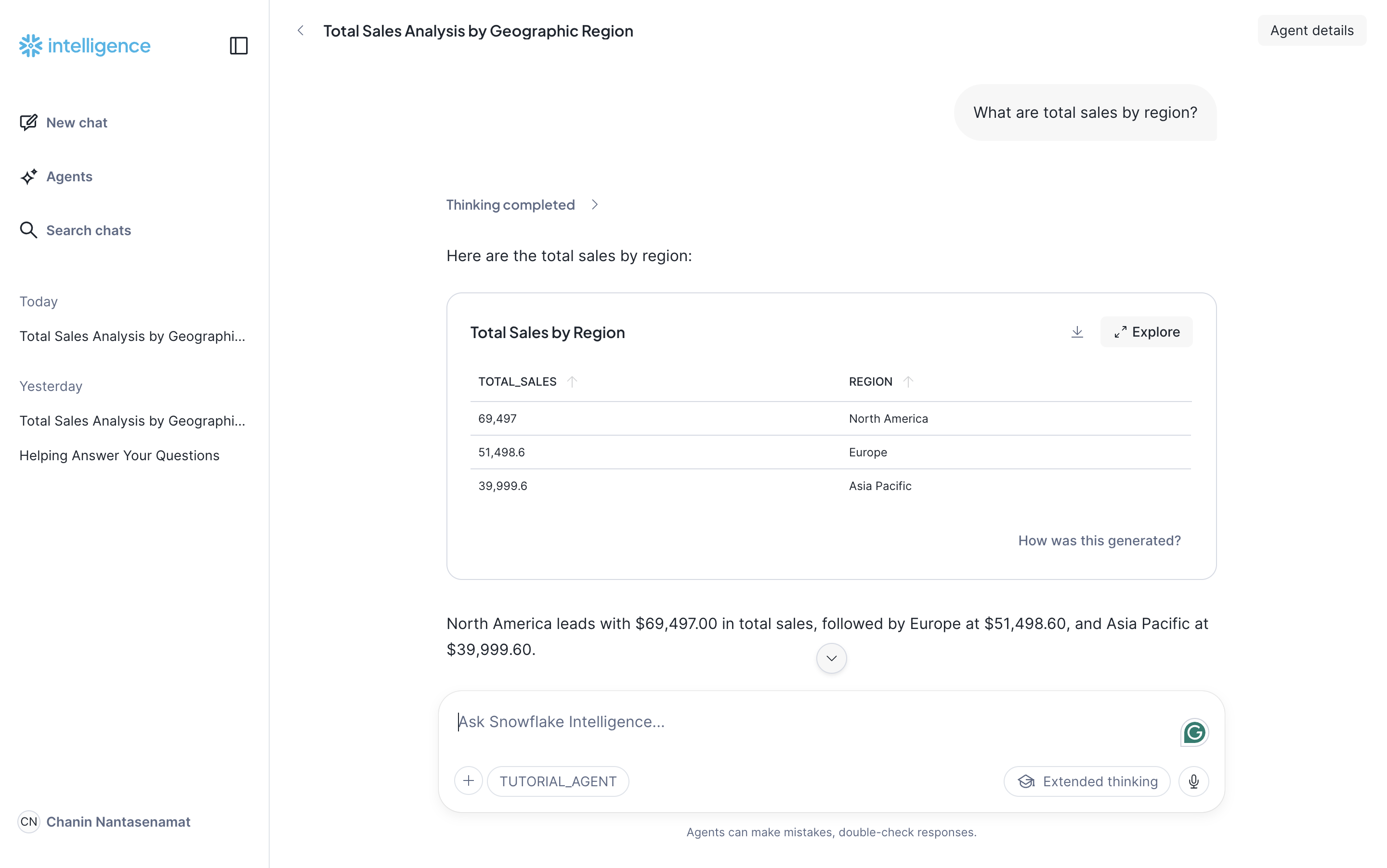 Snowflake Intelligence response with tabular data