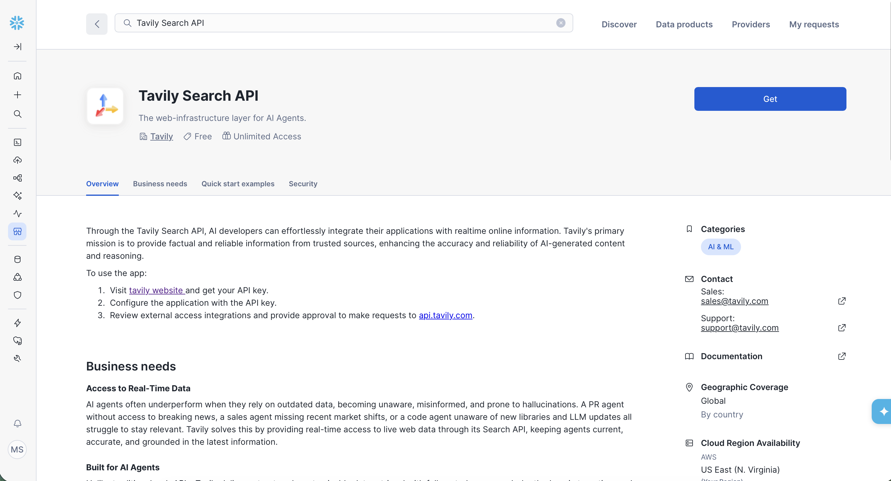 SnowFlake Tavily Marketplace Image