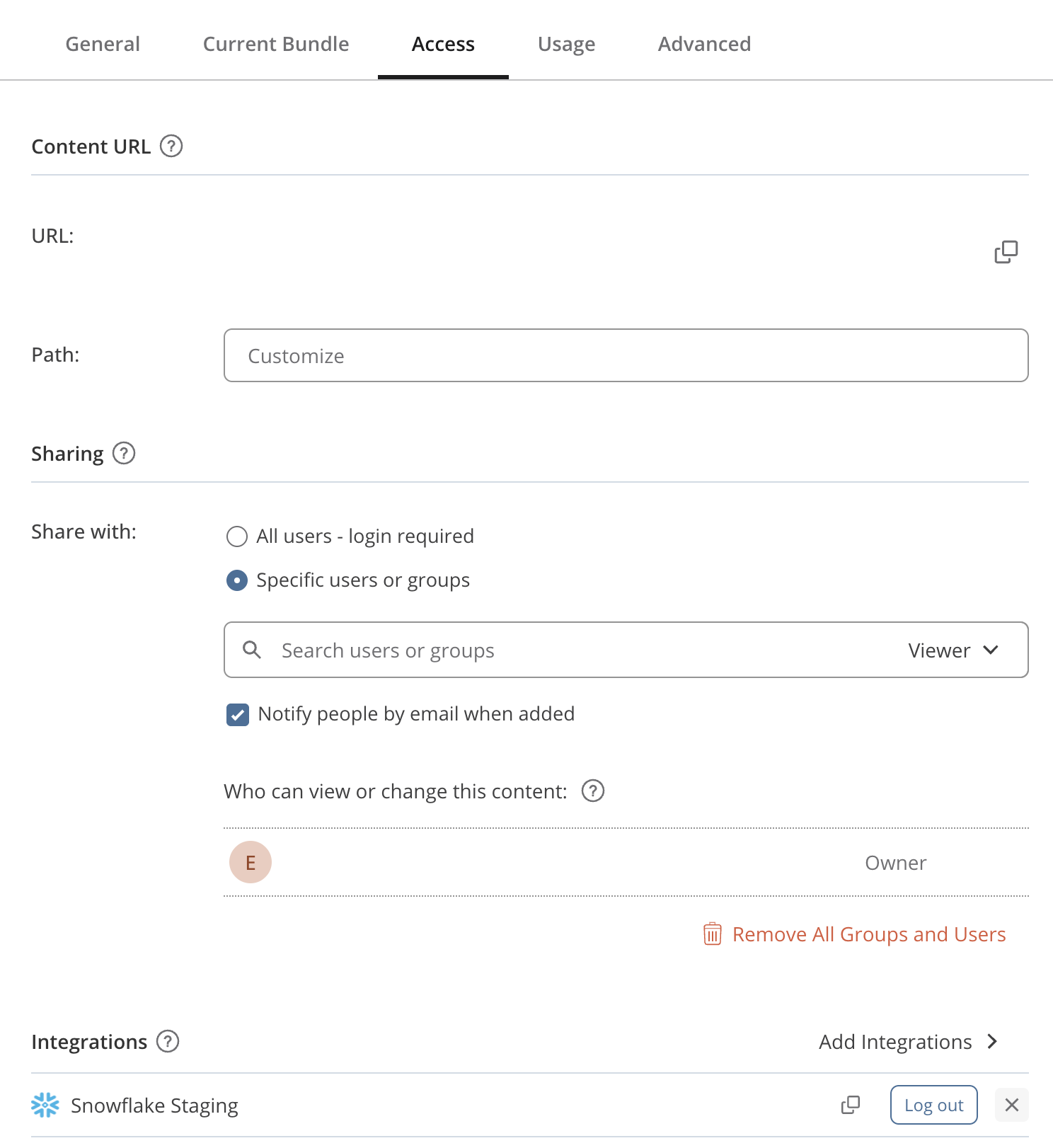 The Access tab of the Connect content settings, showing the Content URL and Sharing sections above an Integrations section listing a Snowflake Staging integration with a Log out button