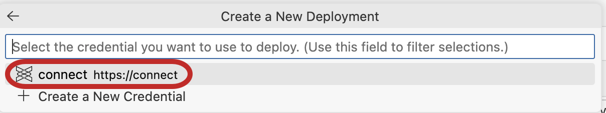 The Create a New Deployment credential picker, listing an existing credential named "connect" pointing at https://connect and highlighted, above a "Create a New Credential" entry