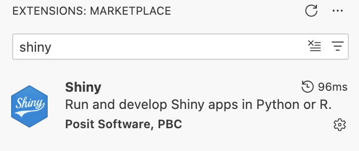 The Extensions Marketplace pane filtered to "shiny", showing the Shiny extension from Posit Software, PBC: "Run and develop Shiny apps in Python or R"