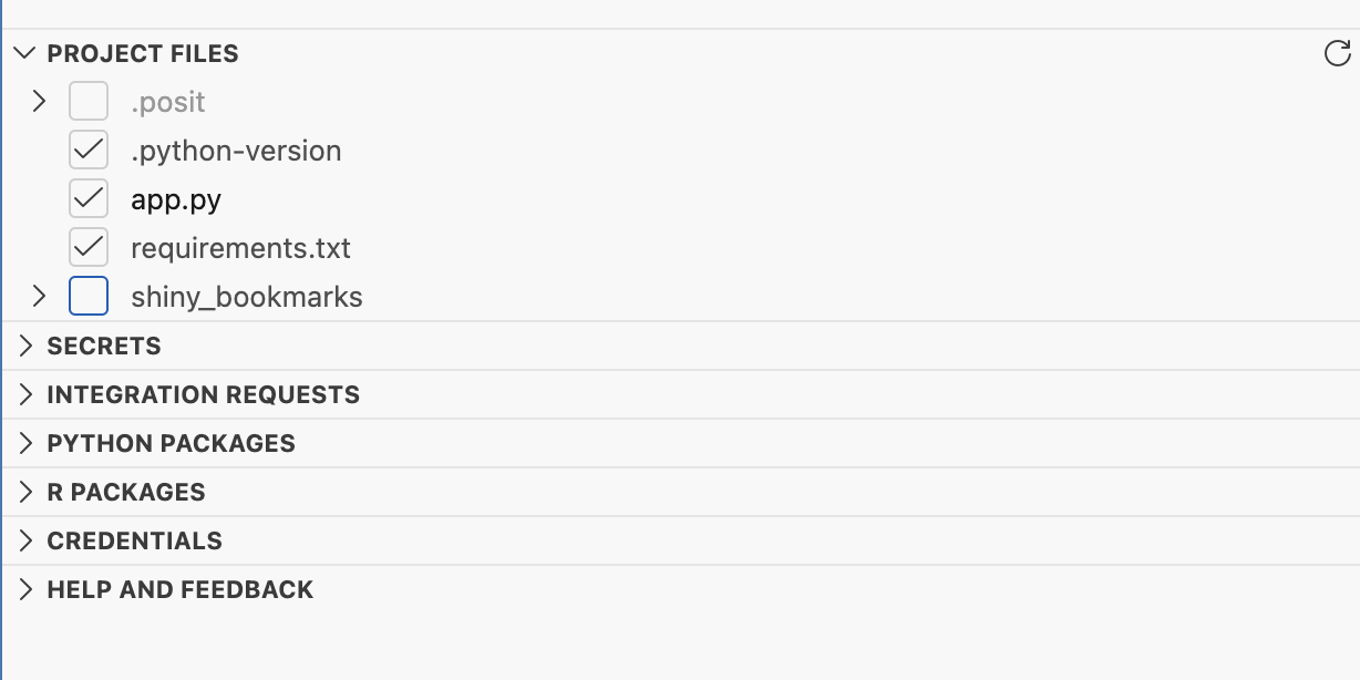 The Posit Publisher pane's Project Files list with .python-version, app.py, and requirements.txt all checked, and collapsed sections below for Secrets, Integration Requests, Python Packages, and Credentials