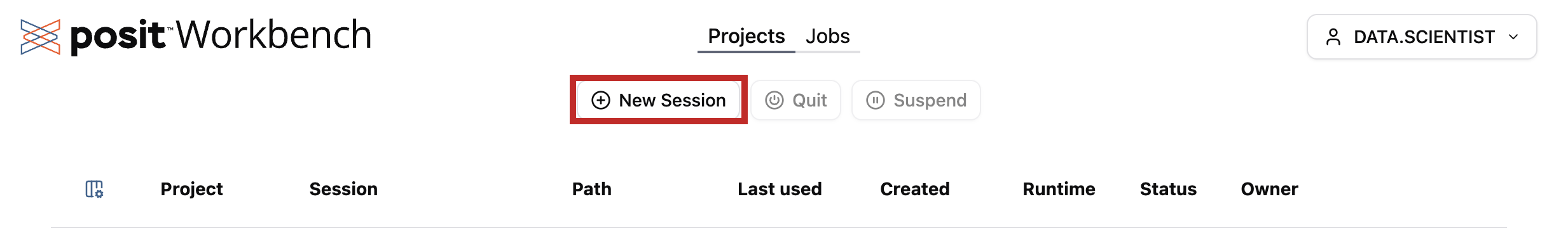 The Posit Workbench home page on the Projects tab with an empty session list, and the + New Session button highlighted