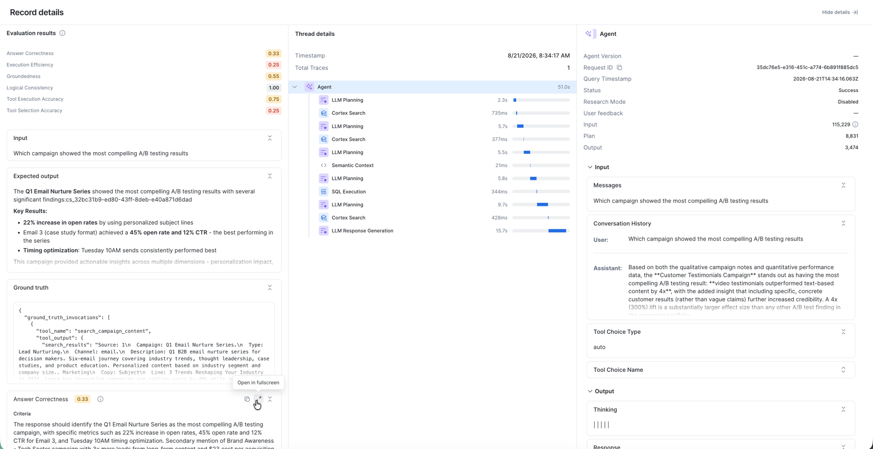 Record details showing trace, scores and judge criteria