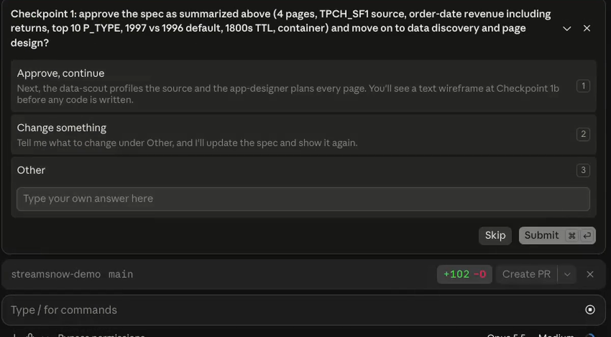 Checkpoint 1 summarizes the spec (four pages, TPCH_SF1 source, order-date revenue, top 10 part types, 1997 versus 1996 by default, an 1800-second cache, container runtime) and asks to approve or change it.