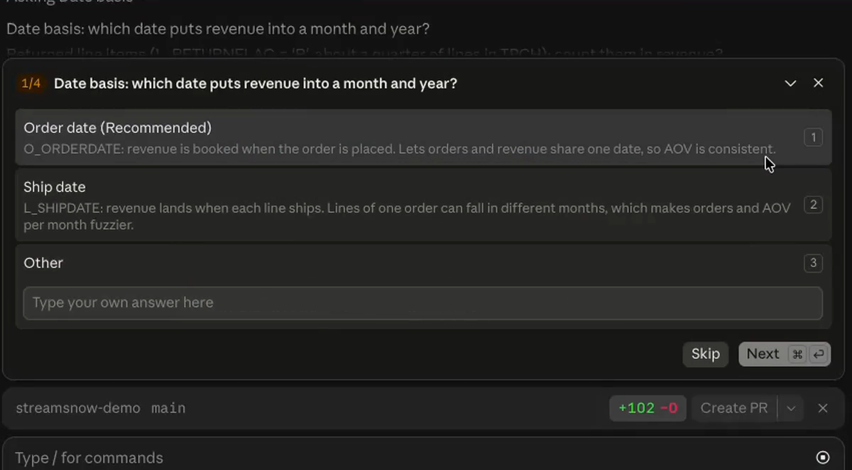 The first spec question asks which date puts revenue into a month and year. Order date is recommended, so orders and revenue share one date.