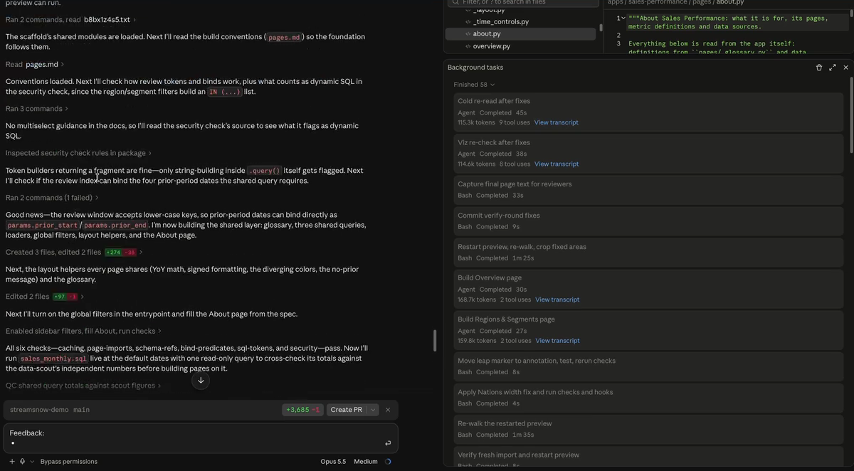 Claude Code builds the app. Background tasks on the right show page builders and re-checks completing, and the conversation on the left reports the governance checks passing.