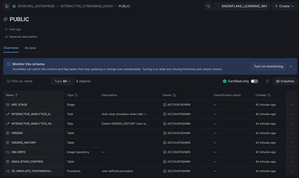Snowsight catalog view of the PUBLIC schema listing APP_STAGE, the two INTERACTIVE_ANALYTICS tasks, the ORDERS and ORDERS_HISTORY tables, SIM_REPO, SIMULATION_CONTROL, and SP_SIMULATE_TICK.