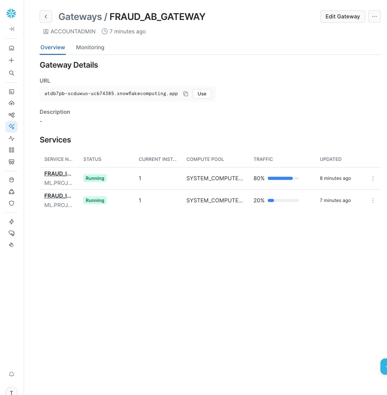 Gateway Overview in Snowsight showing FRAUD_AB_GATEWAY with 80/20 traffic split between V1 and V2 services