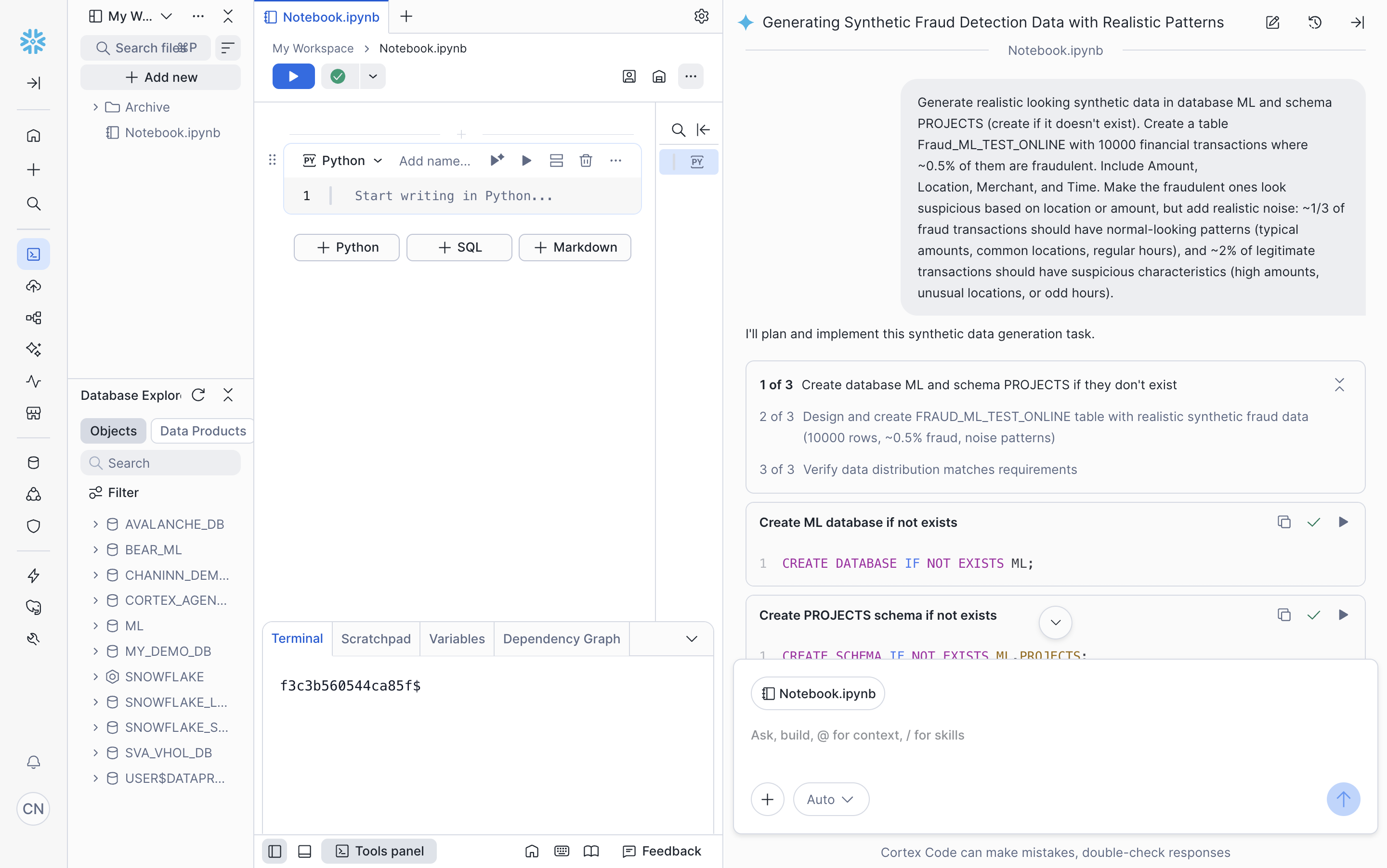 Snowflake CoCo in Snowsight showing the synthetic data prompt and a 3-step execution plan