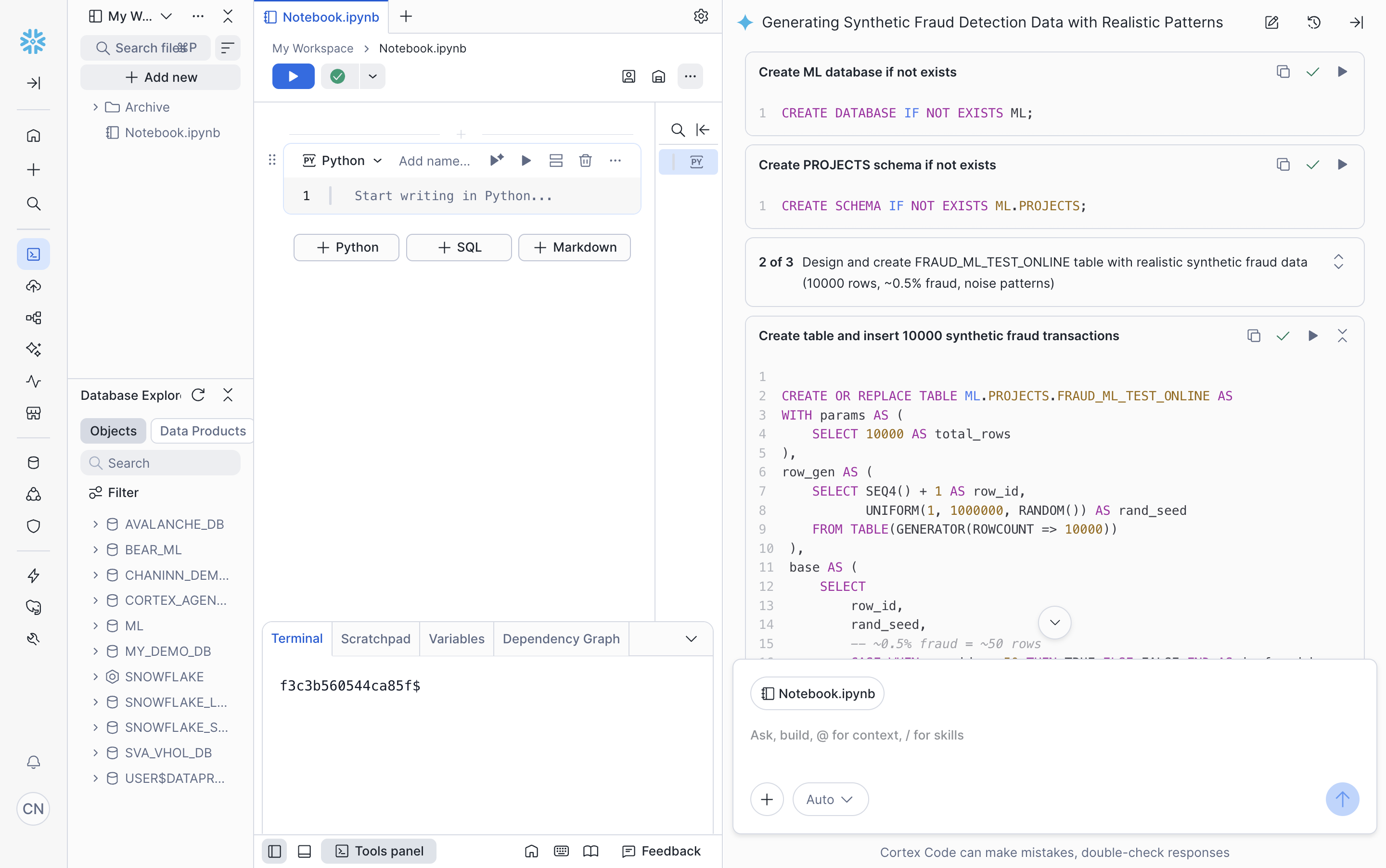 Snowflake CoCo in Snowsight generating SQL code step by step, creating the database and schema and then generating the synthetic data