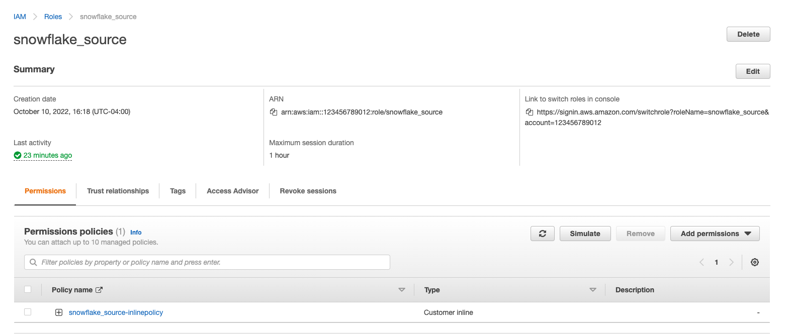 Screenshot of Snowflake source displayed in AWS IAM
