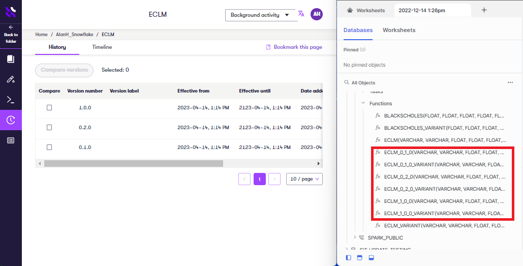 Spark user interface on the left showing three versions of a service. Snowflake interface on the right showing two SQL functions for each version in Spark