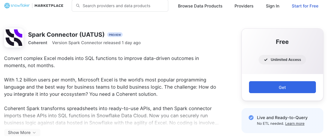 coherent spark connector marketplace listing
